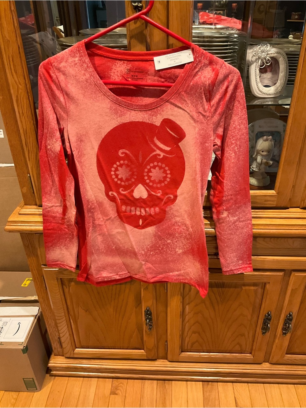 No Boundaries Orange Handmade Thermal Long Sleeve Top with Skull Graphic Med